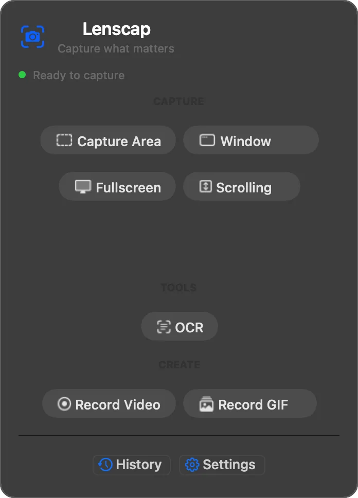 Lenscap compact menu-bar panel with capture and recording actions.